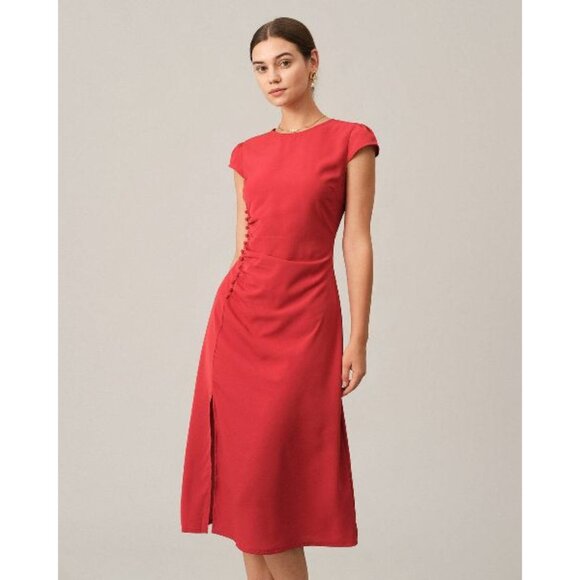 🌶️ NWT - Solid Ruched Side Split Midi Dress - Hot Red 🌶️ - Picture 3 of 13